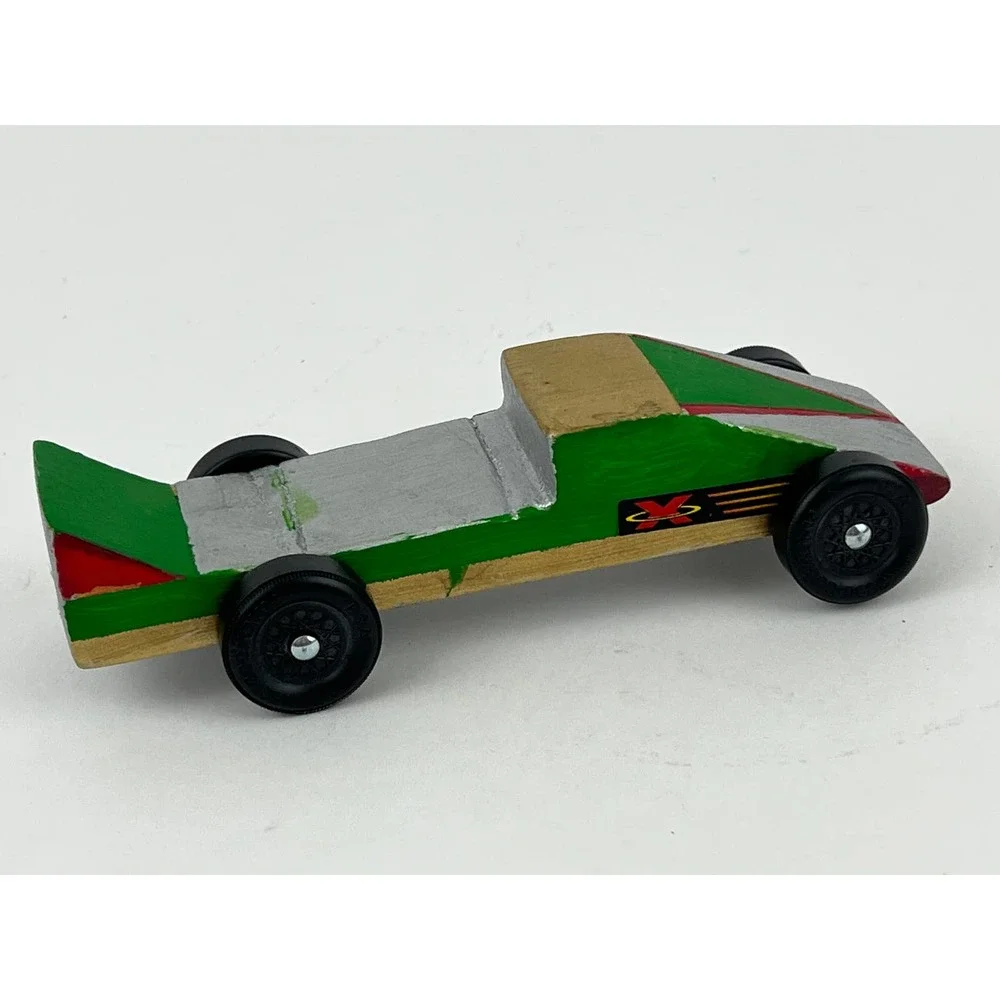 Pinewood Derby Wooden Race Car Green Silver Painted Handmade Cub Scouts VTG
